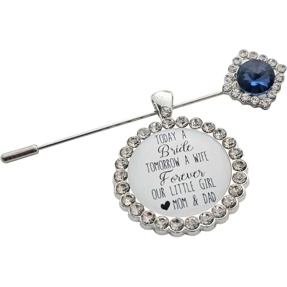 Bridal Keepsake Sapphire Flower Bouquet Pin with Custom Photo in Blue Velvet Pou